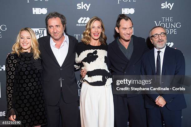 Ludivine Sagnier, Paolo Sorrentino, Cecile de France, Jude Law and Silvio Orlando attend the "The Young Pope" Paris Premiere at La Cinematheque on...