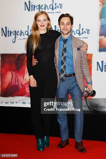 Saskia Rosendahl and Ludwig Trepte attend the German premiere of the film 'Nirgendwo' at Cubix Alexanderplatz on October 17, 2016 in Berlin, Germany.