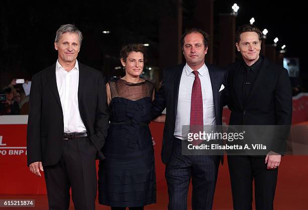 Viggo Mortensen, Ginevra Elkann and director Matt Ross walk a red carpet for 'Captain Fantastic' during the 11th Rome Film Festival at Auditorium...