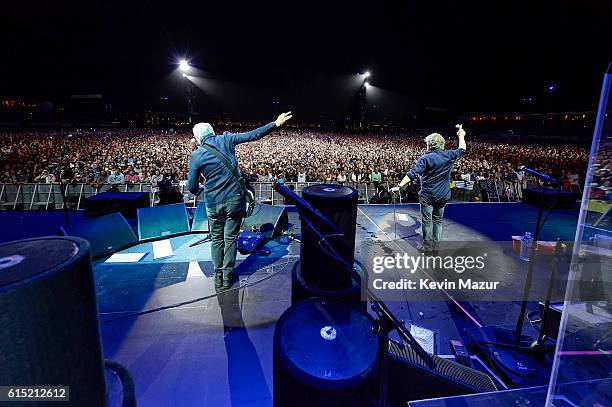 Musicians Pete Townshend and Roger Daltrey of The Who perform onstage during Desert Trip at The Empire Polo Club on October 16, 2016 in Indio,...