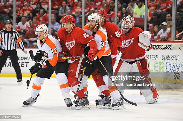 Detroit Red Wings goalie Jimmy Howard has Philadelphia Flyers left wing Michael Raffl Detroit Red Wings defenseman Alexei Marchenko Philadelphia...