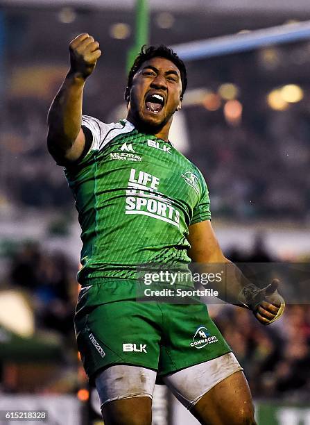 March 2016; Connacht's Bundee Aki celebrates at the final whistle. Guinness PRO12, Round 18, Connacht v Leinster, Sportsground, Galway. Picture...