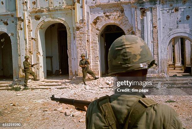 Soldiers from the Republic of Korea's White Horse Division 2nd Corps serving in the Vietnam War during an attack on a Catholic Church building.