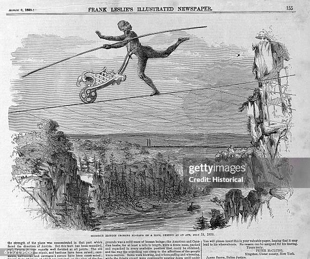 Charles Blondin crosses Niagara Falls on a rope while wearing a monkey costume and pushing a wheelbarrow. This was Blondin's third crossing of the...