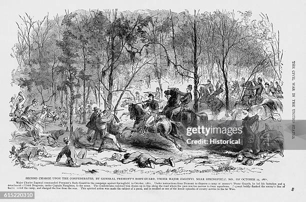 General John Charles Fremont's bodyguard, under Major Zagonyi, charge Confederate infantry near Springfield, Missouri, on October 25, 1861.