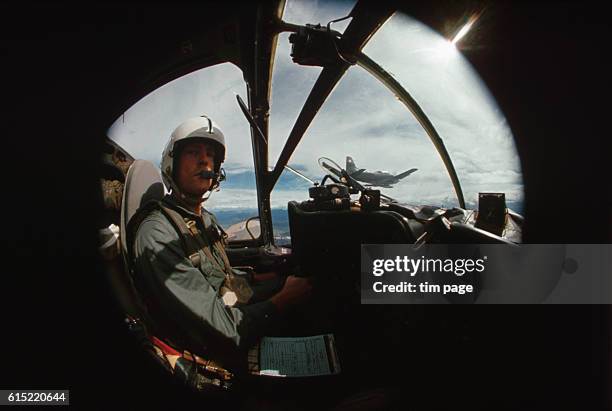 Fish-eye lens view of a skyraider air pilot out of the 2nd corps, Pleiku.