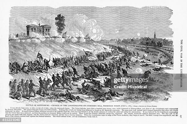 Confederate forces charge Cemetery Hill on July 2 during the Battle of Gettysburg.