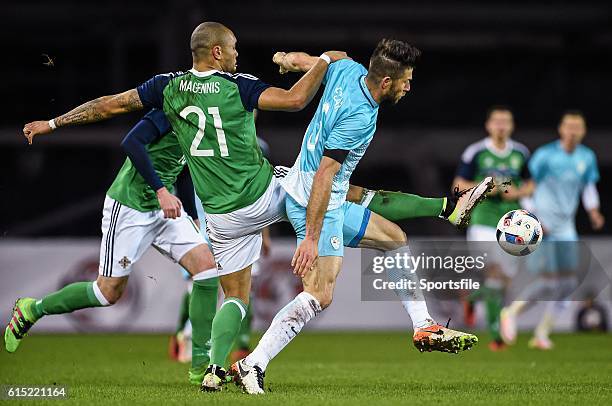 March 2016; Bostjan Cesar, Slovenia, in action against Josh Magennis, Northern Ireland. International Friendly, Northern Ireland v Slovenia. National...