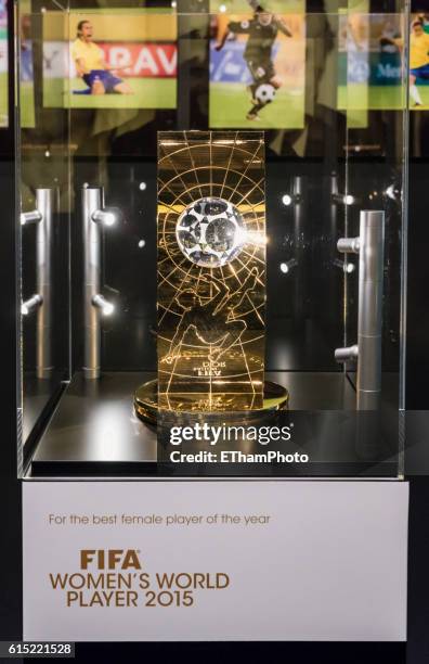 ballon d'or exhibition at zurich fifa world football museum - ballon d'or award stock pictures, royalty-free photos & images