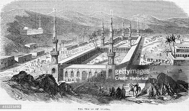 The mosque at Medina supports the tomb of the prophet Muhammad and is a popular pilgrimage site. Ca. 1854.