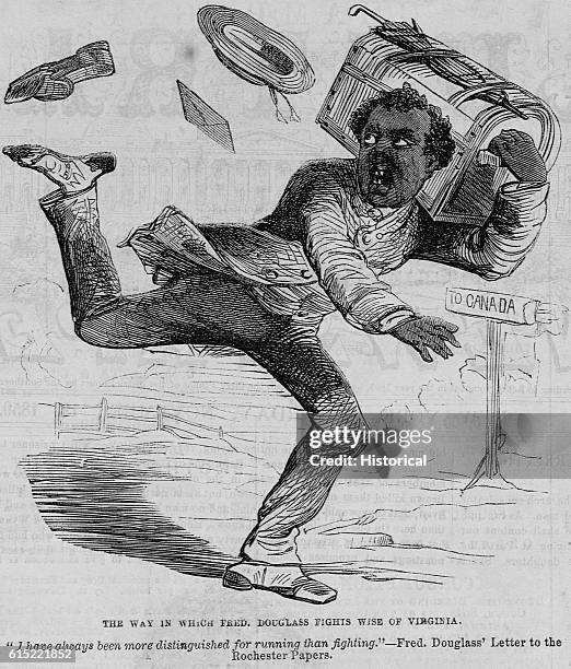 Political cartoon depicts abolitionist lecturer Frederick Douglass running from attacks by Virginia Governor Wise.