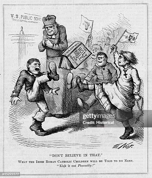 An Irish Roman Catholic priest seems pleased as children kick a bible. The cartoon represents the efforts of the church to remove the bible from...