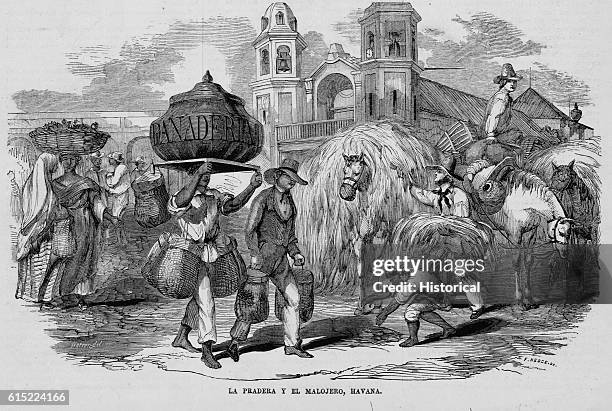 Two men carry bundles and baskets from almost every conceivable location as they make their way past horses loaded with hay at la Pradera y el...