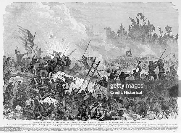 Federal forces assault Confederate fortifications on May 22 during the Siege of Vicksburg.