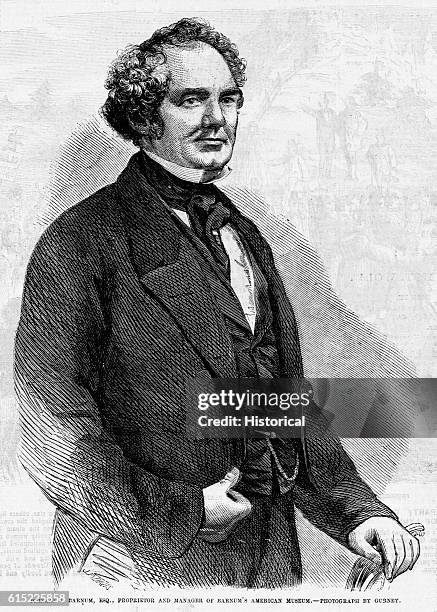 Portrait of Phineas T. Barnum, an American showman and promoter. During his life he sponsored a highly successful tour by singer Jenny Lind, he...