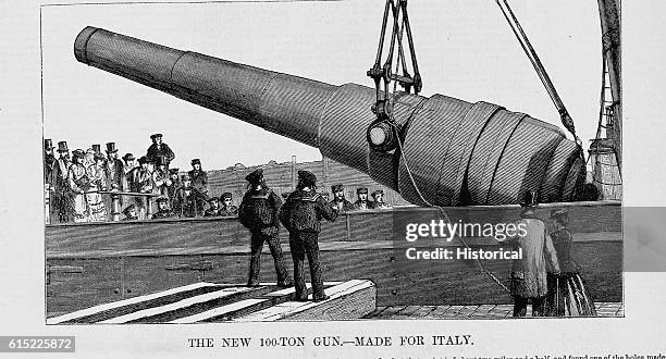 Shipping the 100-ton rifled cannon developed by Sir W.G. Armstron & Co. Of Elswick Ordnance Works, Newcastle-Upon-Tyne. The gun, over 32 feet long,...