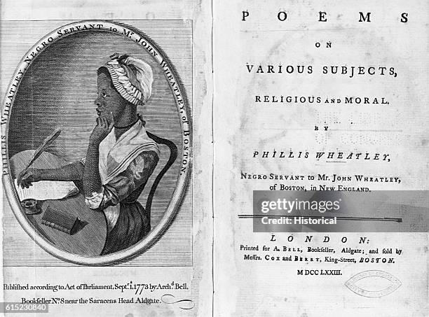 The title page of Phillis Wheatley's book "Poems on Various Subjects, Religious and Moral," printed in London in 1773. On the opposite page is a...