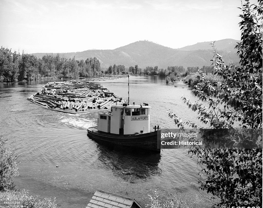 The tugboat A.B. Lafferty pulls a log raft down a river. News Photo ...
