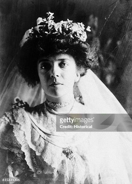 Portrait of Alice Roosevelt Longworth in her wedding dress. She was the daughter of President Theodore Roosevelt and the husband of Nicholas...