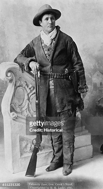 Portrait of Calamity Jane , a frontierswoman who supposedly scouted for General Custer, and later travelled with Wild Bill Hickok.