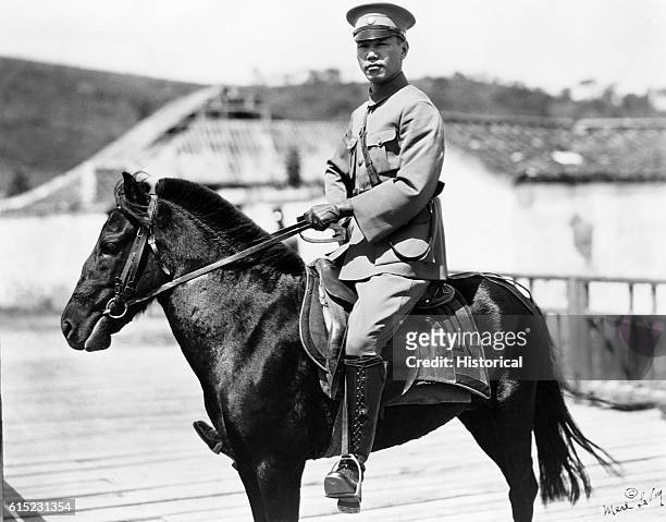 Portrait of Chiang Kai-shek on horseback. Chiang was military and leader of the Chinese Nationalists. He held the presidency of Taiwan after fleeing...