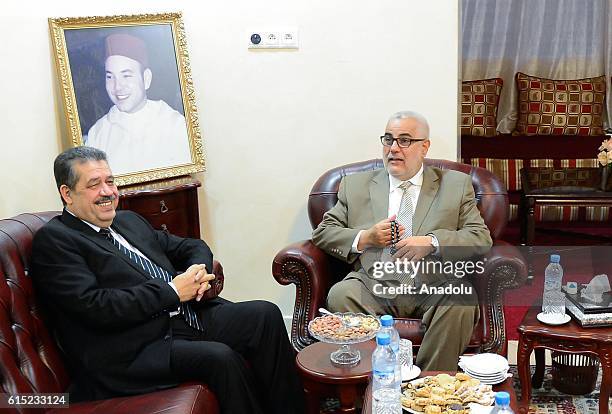 Leader of the Justice and Development Party Abdelilah Benkirane meets with leader of the Istiqlal Party Hamid Chabat in Rabat, Morocco on October 17,...