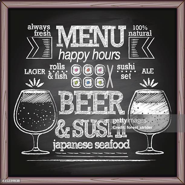 beer and sushi menu on chalkboard - menu board stock illustrations