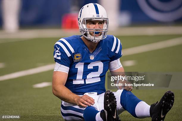 Indianapolis Colts quarterback Andrew Luck sits on the field after a sack during the NFL game between the San Diego Chargers and Indianapolis Colts...