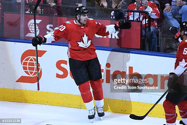 Team Canada Forward John Tavares celebrates his goal during the WHOC semi final game between Team Russia and Team Canada at Air Canada Centre in...