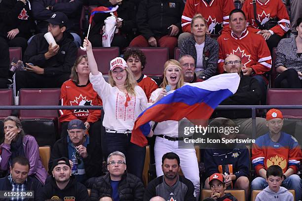 Team Russia fans cheer during the WHOC semi final game between Team Russia and Team Canada at Air Canada Centre in Toronto, ON.