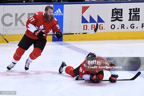 Team Canada Forward Joe Thornton and Team Canada Forward Sidney Crosby in warm ups prior to the WHOC semi final game between Team Russia and Team...