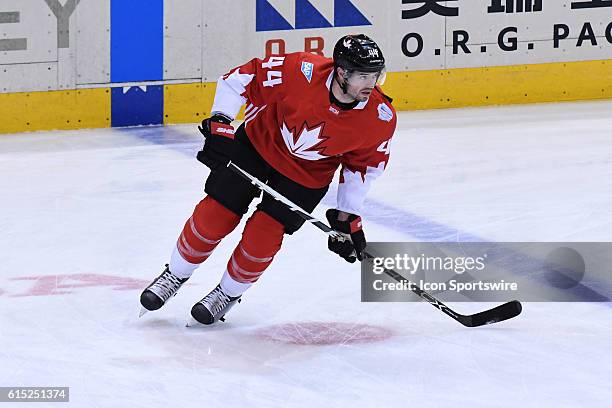 Team Canada Defenceman Marc-Edouard Vlasic in warm ups prior to the WHOC semi final game between Team Russia and Team Canada at Air Canada Centre in...