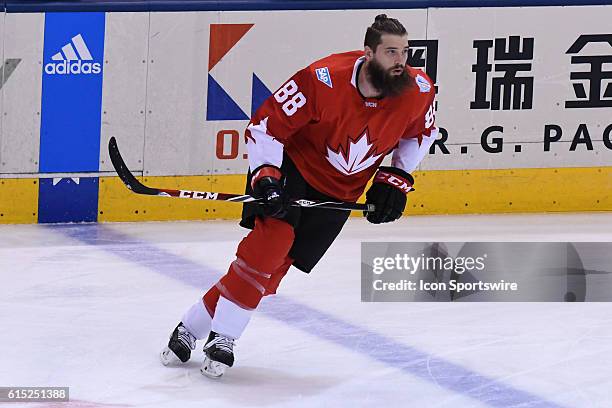 Team Canada Defenceman Brent Burns in warm ups prior to the WHOC semi final game between Team Russia and Team Canada at Air Canada Centre in Toronto,...