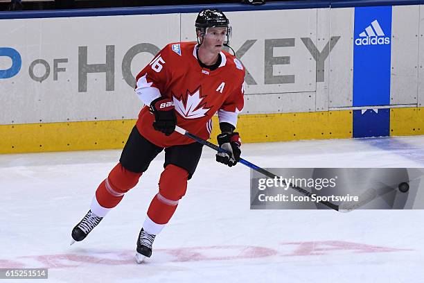 Team Canada Forward Jonathan Toews in warm ups prior to the WHOC semi final game between Team Russia and Team Canada at Air Canada Centre in Toronto,...