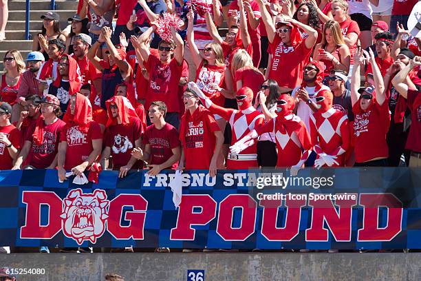 The Fresno State Student Dog Pound goes crazy after a touchdown during the game between the Fresno State Bulldogs and the Tulsa Golden Hurricane at...