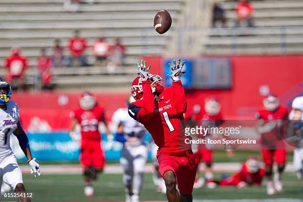 Fresno State Bulldogs wide receiver Jamire Jordan catches a pass and runs it in for a touchdown during the game between the Fresno State Bulldogs and...