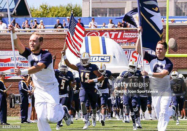 Chattanooga Mocs take the field before the game between Samford and UT Chattanooga. Chattanooga defeats Samford 41 - 21 at Finley Stadium in...