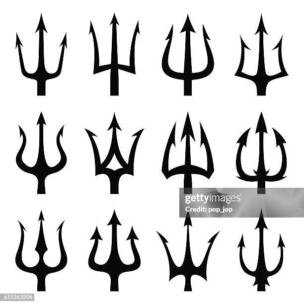 illustrations, cliparts, dessins animés et icônes de jeu d’icônes de vecteurs silhouette de trident noir - satan trident