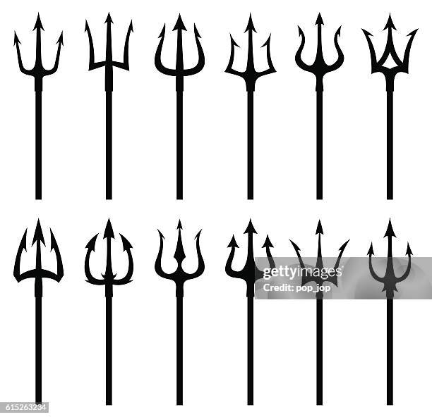 illustrations, cliparts, dessins animés et icônes de jeu d’icônes de vecteurs silhouette de trident noir - trident de poseidon