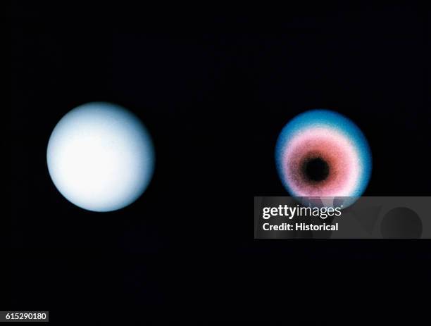 Two views of Uranus, one in natural light, and, on the right, enhanced in false color. Uranus is inclined at an extreme angle to the ecliptic plane,...