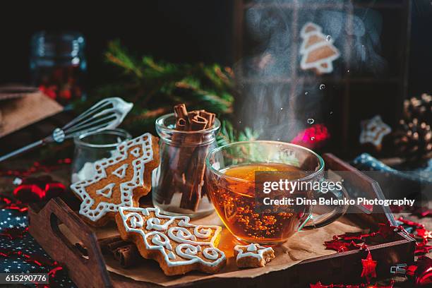 hot tea for cold winter evenings - christmas memories stock pictures, royalty-free photos & images