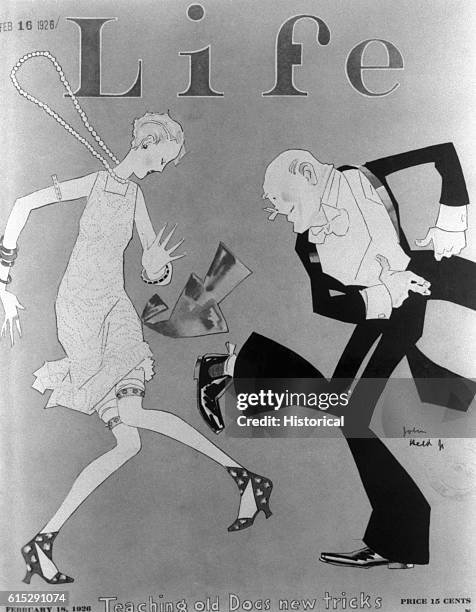 Young female flapper dances the Charleston, a dance developed in the 1920s, with an elderly man.