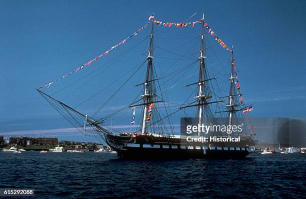 Starboard view of the sail frigate USS Constitution during "turn around" operations that take place twice a year.