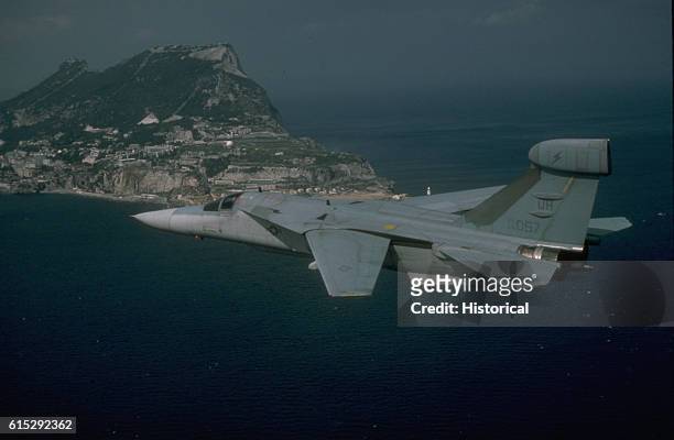 An air-to-air front view of a 495th Tactical Fighter Squadron F-111F aircraft flying a mission out of Moron Air Base, Spain, during Open Gate '89....