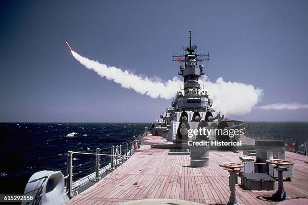 Tomahawk long-range cruise missile is launched from the battleship USS Missouri .