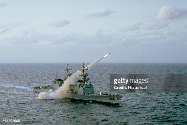 The nuclear-powered guided missile cruiser USS Radford firing a Harpoon missile during an Operation Red Reef III exercise.