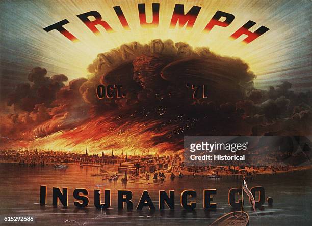 Vivid fire insurance advertisement from 1890 Chicago shows the city burning during the Great Fire of 1871. In the huge cloud of smoke a fierce winged...