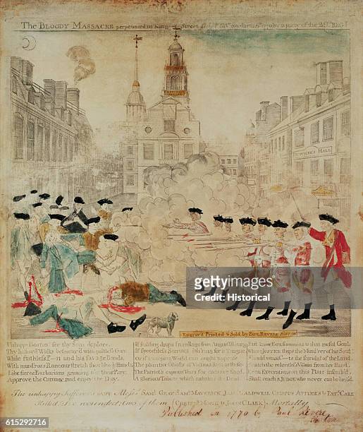 During the Boston Massacre of March 5 red-coated British soldiers shoot American colonists rioting in protest of the Townshend Acts. The riots...