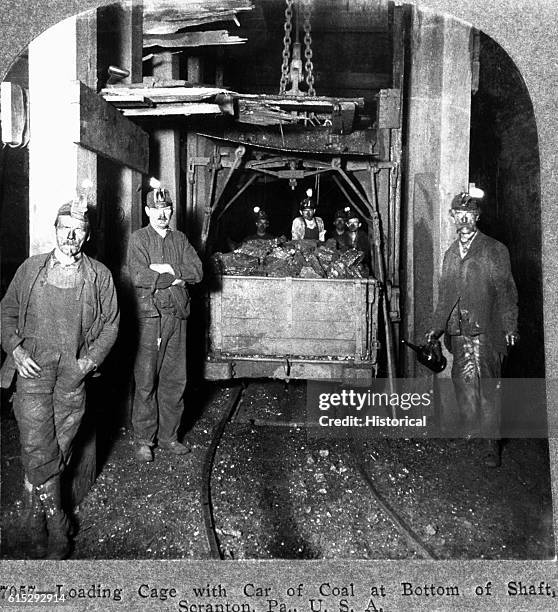 Coal miners load an elevator cage with a box car of coal to send to ground level three miles above the Pennsylvania mine. Ca. 1900.