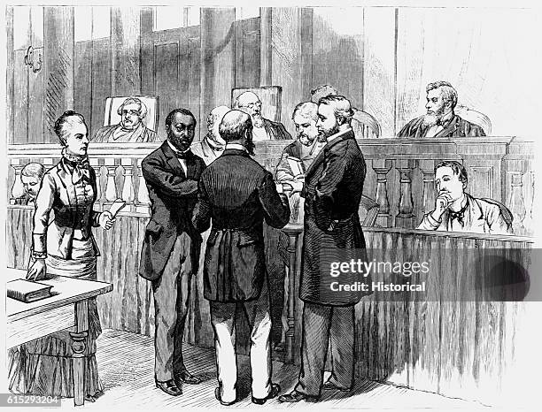 Three attorneys are officially admitted to the United States Supreme Court on February 2, 1880. The man at left is Hiram Revels, the first...